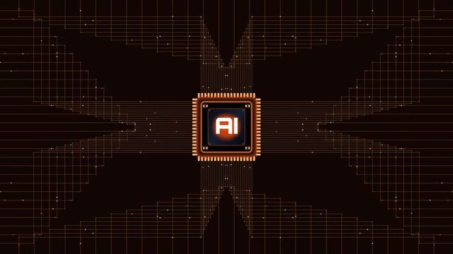 Artificial Intelligence CPU Chip with Glowing Orange Circuit Lines and Digital Connections