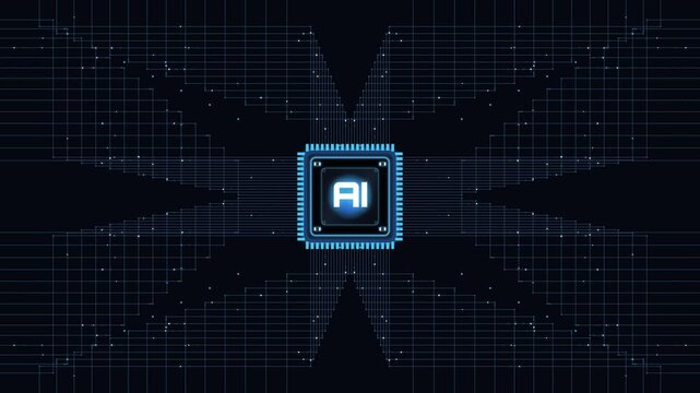 Futuristic AI microprocessor with glowing blue digital circuitry background animation