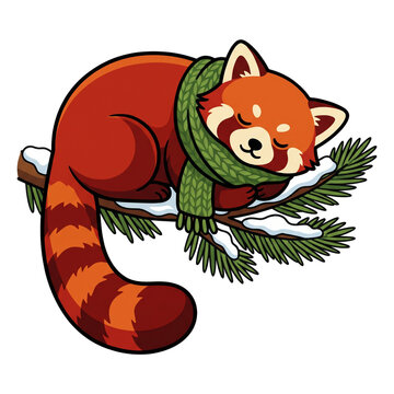Cute red panda sleeping peacefully on snowy pine tree branch wearing green scarf vector illustration isolated on transparent background