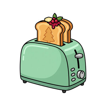 Retro mint green toaster popping up toast with Christmas tree imprint and berry jam vector illustration isolated on transparent background