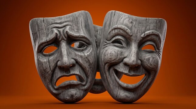 Comedy and Tragedy Theater Masks Made of Weathered Gray Wood