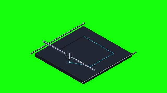 Isometric 3d printer drawing blue glowing line on dark platform green screen