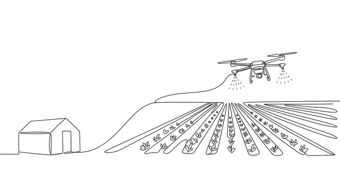 Smart Farming Agriculture Drone Spraying Crops Field Continuous Line Art Technology Innovation Concept
