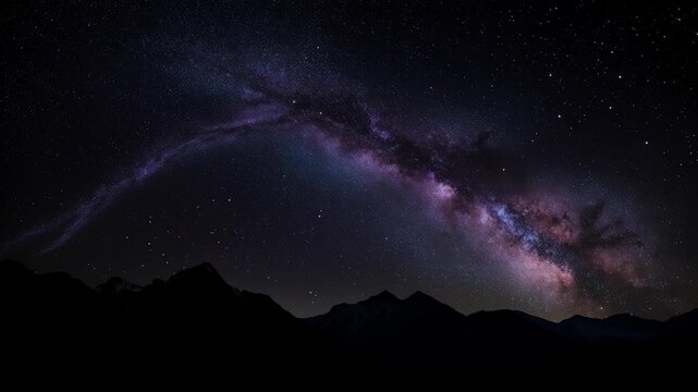 Milky Way Galaxy Arching Over Mountain Silhouette Under Vivid Purple Night Sky