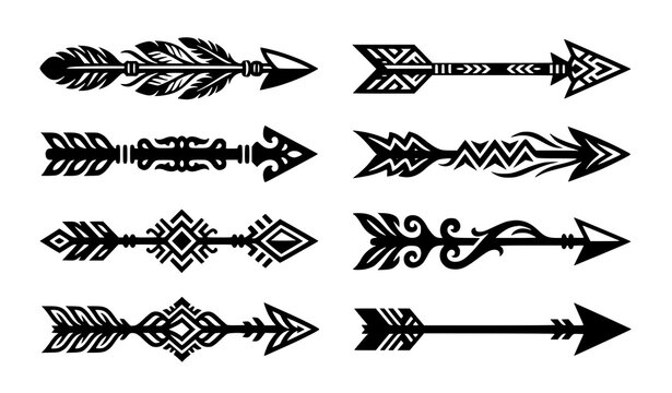 Tribal arrow silhouette set featuring ornate feathered arrows with geometric patterns, boho ethnic ornaments and decorative tips for Native American style, western, hunting and tattoo design