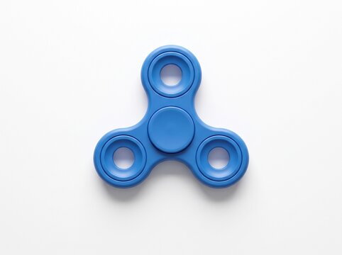 Blue fidget spinner with open bearing holes on white background, top view tri-lobe hand toy for stress relief and focus, minimalist studio shot
