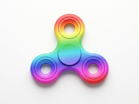 Rainbow gradient multicolor fidget spinner with open holes on white background, top view tri-lobe hand toy for stress relief and focus, minimalist studio shot