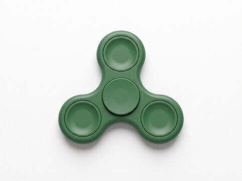 Forest green fidget spinner with concave finger pads on white background, top view tri-lobe hand toy for stress relief and focus, minimalist studio shot