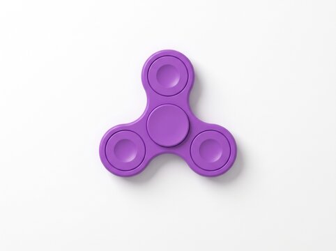 Purple fidget spinner with concave finger pads on white background, top view tri-lobe hand toy for stress relief and focus, minimalist studio shot with copy space