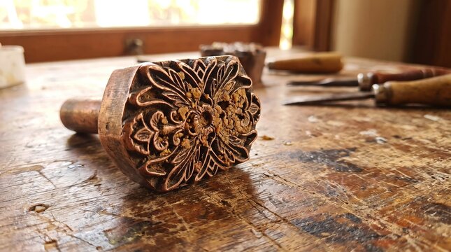 Ornate Copper Batik Stamp on Rustic Wooden Workbench