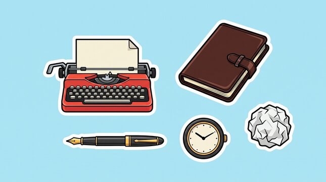 Set of retro writing and office supplies stickers with typewriter and notebook