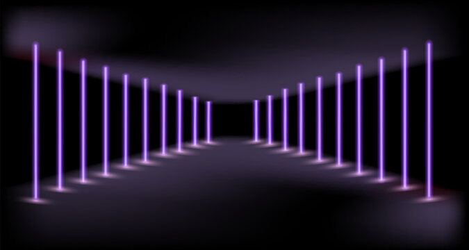 Neon light poles create a mesmerizing corridor of illuminated colors in shades of pink, enhancing a futuristic atmosphere and inviting exploration through a digital landscape.