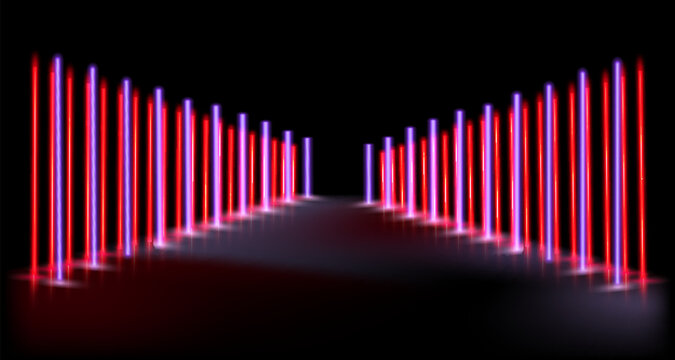 Neon light poles create a mesmerizing corridor of illuminated colors in shades of red pink, enhancing a futuristic atmosphere and inviting exploration through a digital landscape
