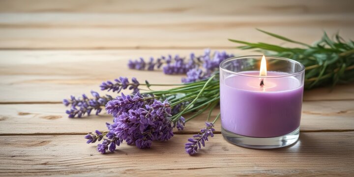 Soothing ambiance of a serene spa room with a calming lavender scented candle and a few sprigs of fresh lavender on a wooden table, ambiance, peaceful