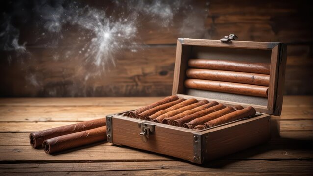 A cigar box placed on a wooden table with several Cuban cigars stacked neatly inside the box, smoky atmosphere, vintage decor