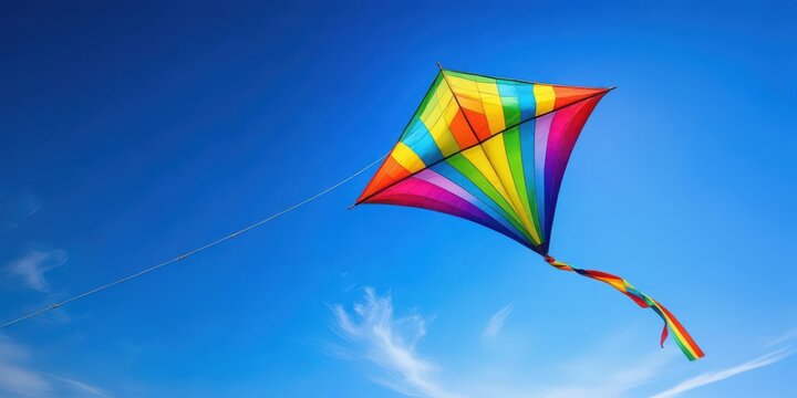 Kite Soars High in Clear Blue Sky, vibrant colors, freedom,  vibrant colors, freedom, aerial view