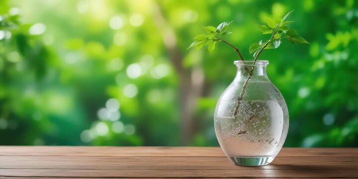 A delicate glass vase with intricate etching sits on a minimalist wooden table surrounded by lush greenery, showcasing its elegant shape and ornate design, decoration, floral