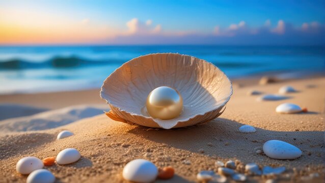 Pearl nestled in a delicate shell on sandy beach, surrounded by pebbles and seashells , serene, ocean,  serene, ocean, coastal, nature