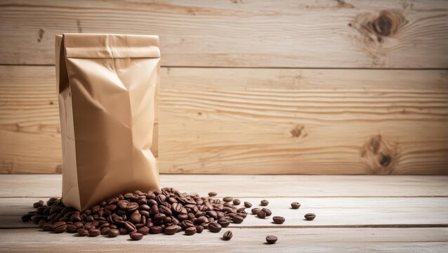 Dark brown coffee bag on light wooden table with a warm and cozy atmosphere, home, wood,  home, wood, living room, bag