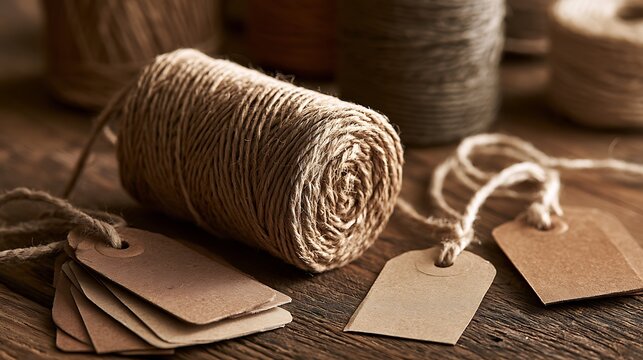 Rustic Jute Twine Roll with Blank Paper Tags on Wooden Background.