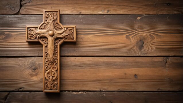 Elegant wooden cross with intricate carvings on a rustic wooden background, cross, natural,  cross, natural