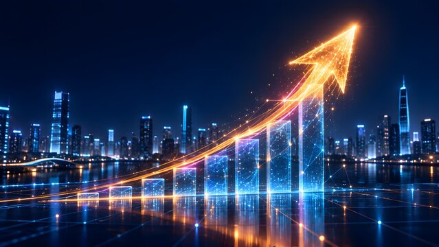 Financial Growth and Business Success Arrow Over Cityscape at Night