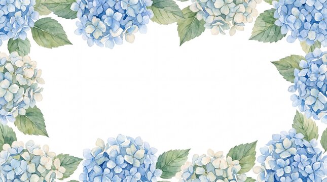 Watercolor blue hydrangea floral border frame with copy space