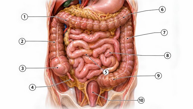 AI-generated professional medical anatomy examination illustration showing human intestines, abdominal organs, intestinal loops, numbered markers, realistic three-dimensional textures, clean clinical 