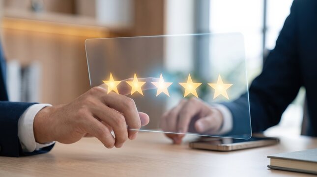 Man touching five star rating on transparent glass tablet, giving positive customer review feedback, excellent service evaluation concept for business quality and user