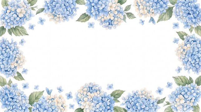 Watercolor blue hydrangea floral border frame with copy space