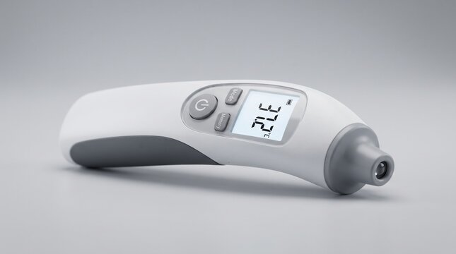 Digital infrared medical thermometer showing body temperature reading on clear display screen representing modern healthcare technology and clinical diagnosis