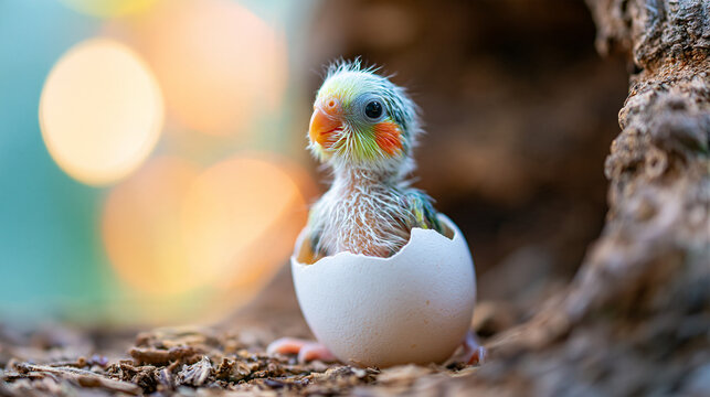 A newly hatched baby bird sits inside a cracked eggshell on a natural forest floor with soft bokeh light in the background.
