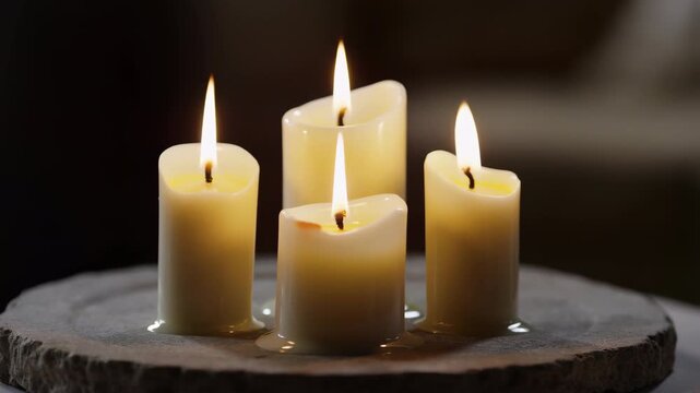 Four ivory pillar candles burning on stone slab with melting wax pools and flickering flames 60 FPS