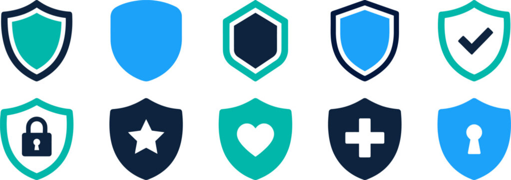 Security Shield Icon Set With Protection, Lock, Checkmark, Medical And Privacy Symbols In Blue Teal Vector Style