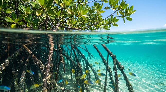 Split view of mangrove tree above crystal clear water, with lush green foliage above surface and intricate roots extending underwater, surrounded by colorful school of fish