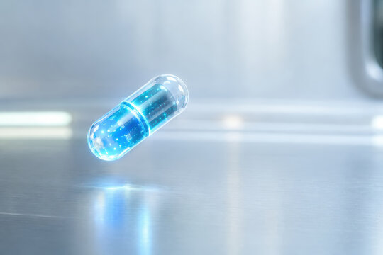 Blue capsule aging research supports longevity study in sterile laboratory setting with futuristic medical technology and hope