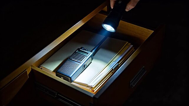 Flashlight illuminating a radio and documents inside an open wooden box