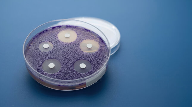 Antimicrobial resistance testing culture plate with five paper discs on purple agar