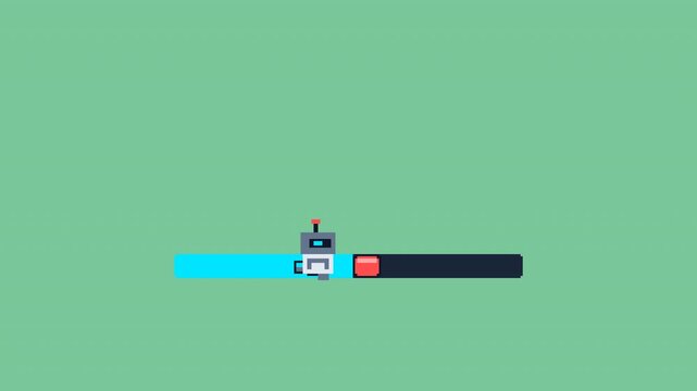 A cute pixel art robot physically pushing a progress block across a loading bar, featuring neon UI elements on a green background. Ideal for sci-fi games, tech apps, and loading screens.