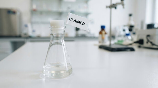 Biotech patent disputes concept featuring claimed laboratory sample with clean scientific glassware and clinical research setting