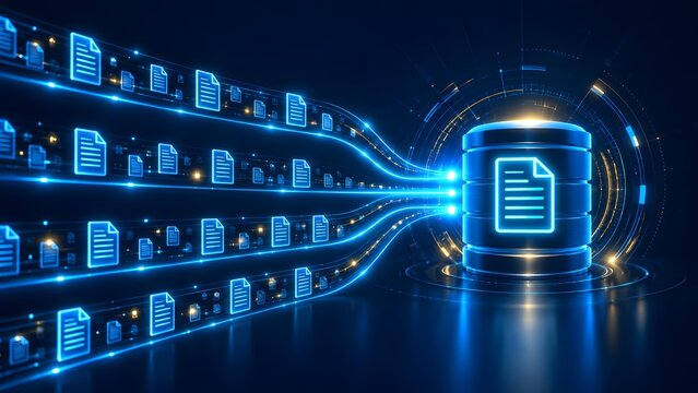Digital File Transfer Stream Flowing Into Central Database Server Infrastructure