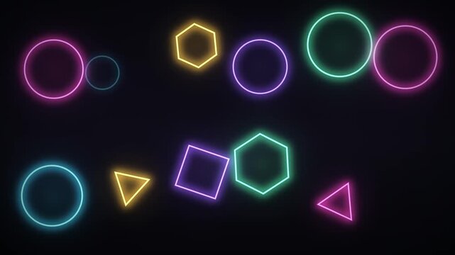Abstract neon geometric shapes circle hexagon square triangle in motion on dark background