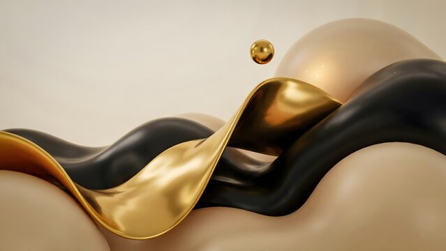 Elegant 3d rendering of gold and black fluid waves intertwined on soft beige backdrop.