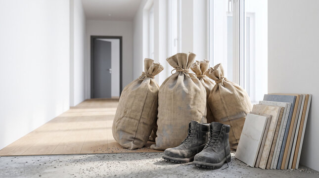 Burlap debris bags muddy work boots and tile samples in a bright hallway during indoor home renovation