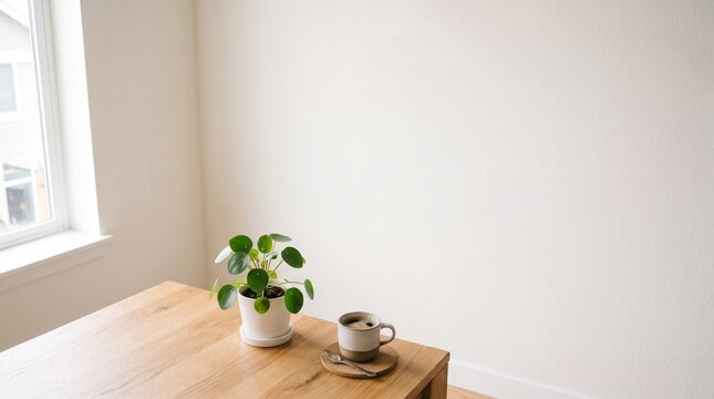 Minimalist Wooden Table with Pilea Plant and Black Coffee Cup Near Window Copy Space