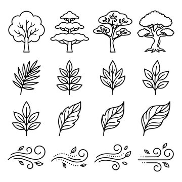 Collection of hand drawn outline tree leaf and wind vector elements