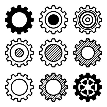 Black and white mechanical gears and cogwheels vector set
