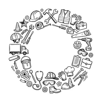 Construction tools and workers equipment in circle sketch composition