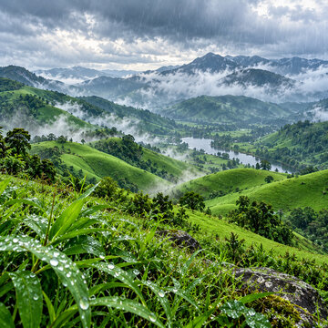 Lush Green Rolling Hills With Raindrops And Distant Misty Mountains