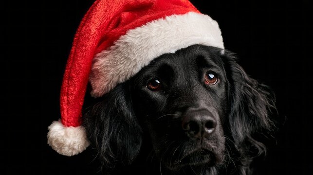 Black dog wearing a red santa hat, cute christmas holiday portrait with festive winter spirit, adorable pet celebrating christmas, seasonal celebration and cheerful holiday concept
